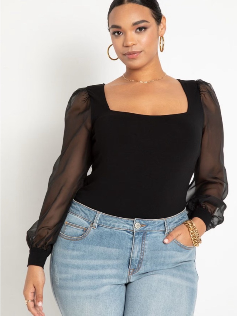 Eloquent Elements Black Square Neck Sheer Sleeve Top - Women